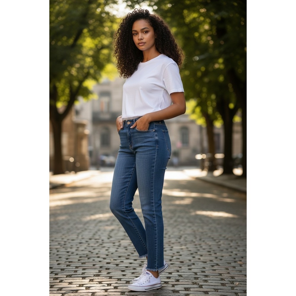 MEKOOL Women's 0XL High Rise Stretch Jeans Cropped Raw Hem Distressed Blue Denim